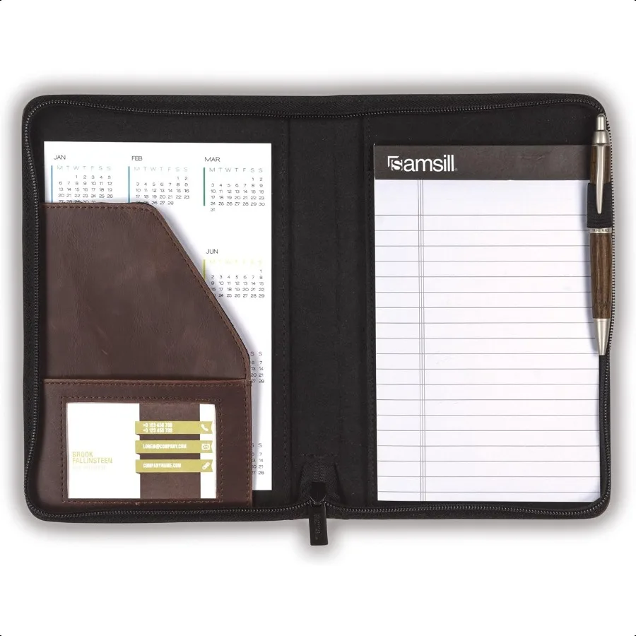 Small  Portfolio Zipper Faux Leather Portfolio Book Style Hardback Design Busin Interview Padfolio Organizer Holds 5 x 8 Writin