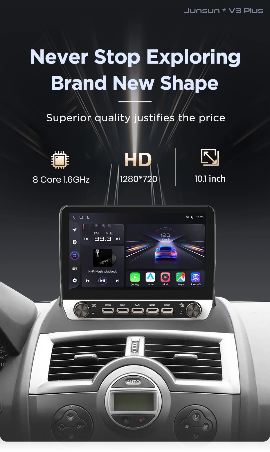 Junsun 10,1' Kabelloses Carplay Android Auto Autoradio für Renault Megane 2 2002-2009 Radio mit Tasten Bluetooth GPS Navi 4G DSP – Detail 4
