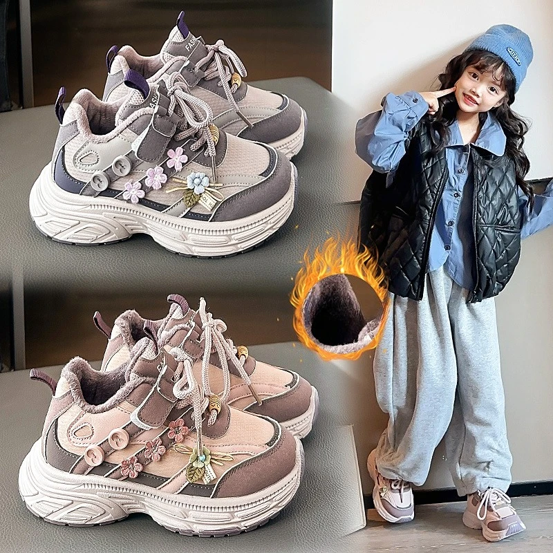 

Girls' Padded Sneakers 3-18 Years Old Pink Flowers Middle Large Children's Running Shoes Girls' Cotton Shoes Kids Short Boots
