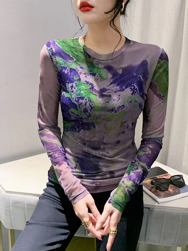 Faionable imprimé Me Base irt rond Ne Long Sve T-irt femme coupe ajustée vêtements intérieurs décontracté Sle sec rapide