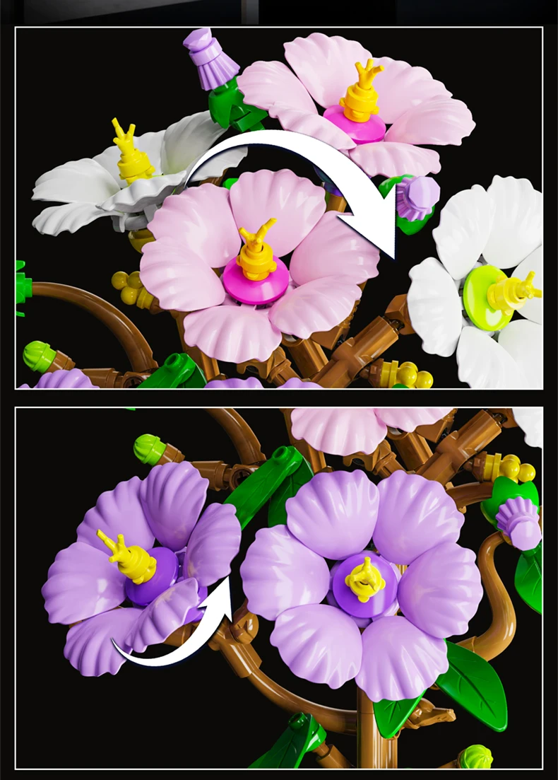 Kreativer Hibiskus-Pflaumenblüten-Blumenstrauß im Topf, Bausteine, Kranichblume, Heim-Pflanzendekoration, Zusammenbaubare Bausteine, Spielzeug, Geschenk für Erwachsene – Detail 10