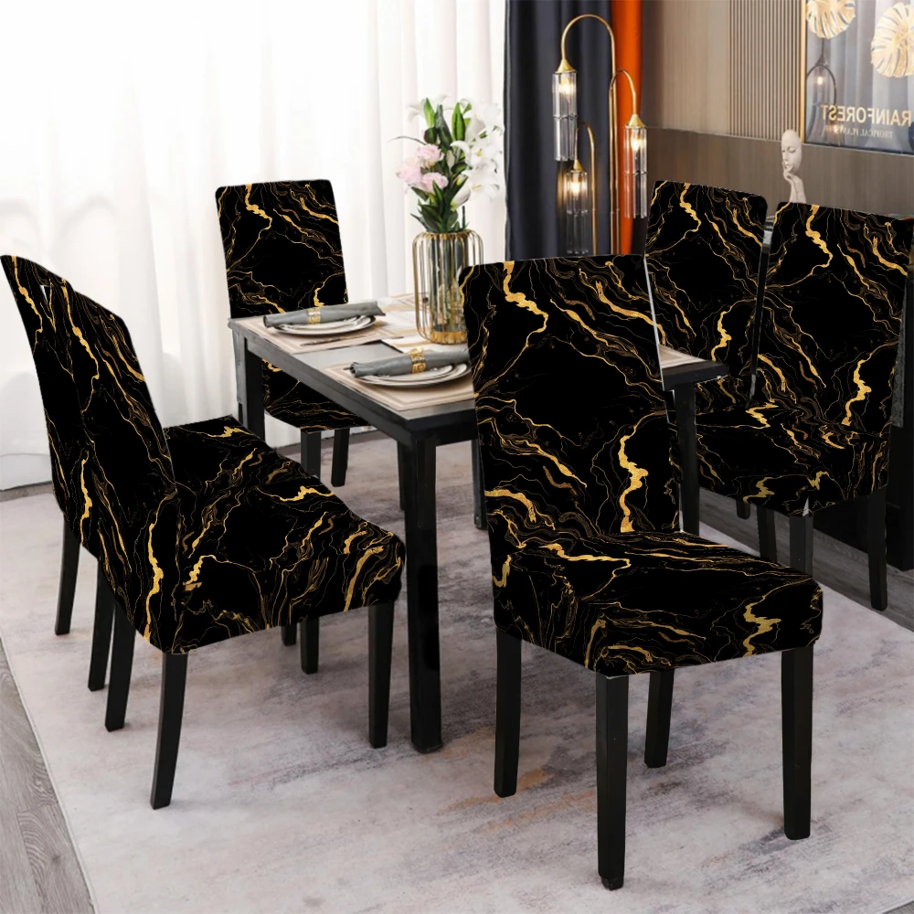 4/6pcs Elastic Chair Cover Black Gold Marble Pattern Stretch Dining Room Seat Protector Universal Fit Furniture Covers Decor