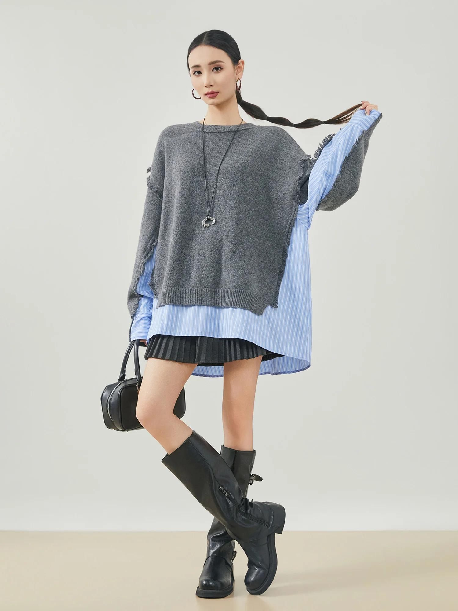 

ay Stripe Knitted Sweater Women's Loose Lazy Sle Mid-Length Pasted Two-Piece Spring New Arrival Polyester Fiber Long S...