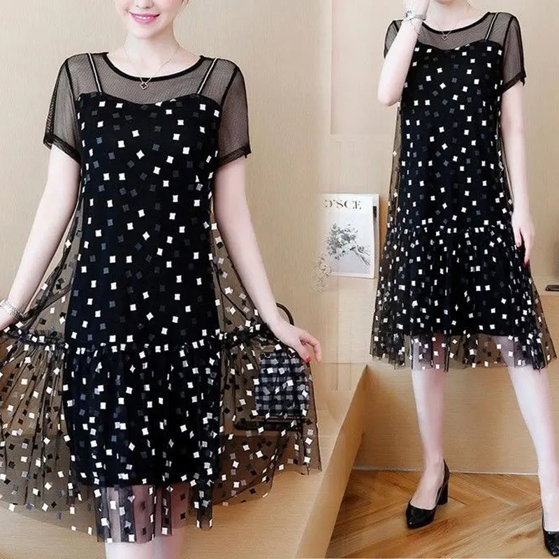 

Женское платье миди из сетчатой ткани с круглым вырезом и короткими рукавами, с принтом, А-силуэт, летнее, модное, имитация двух частей JJ82