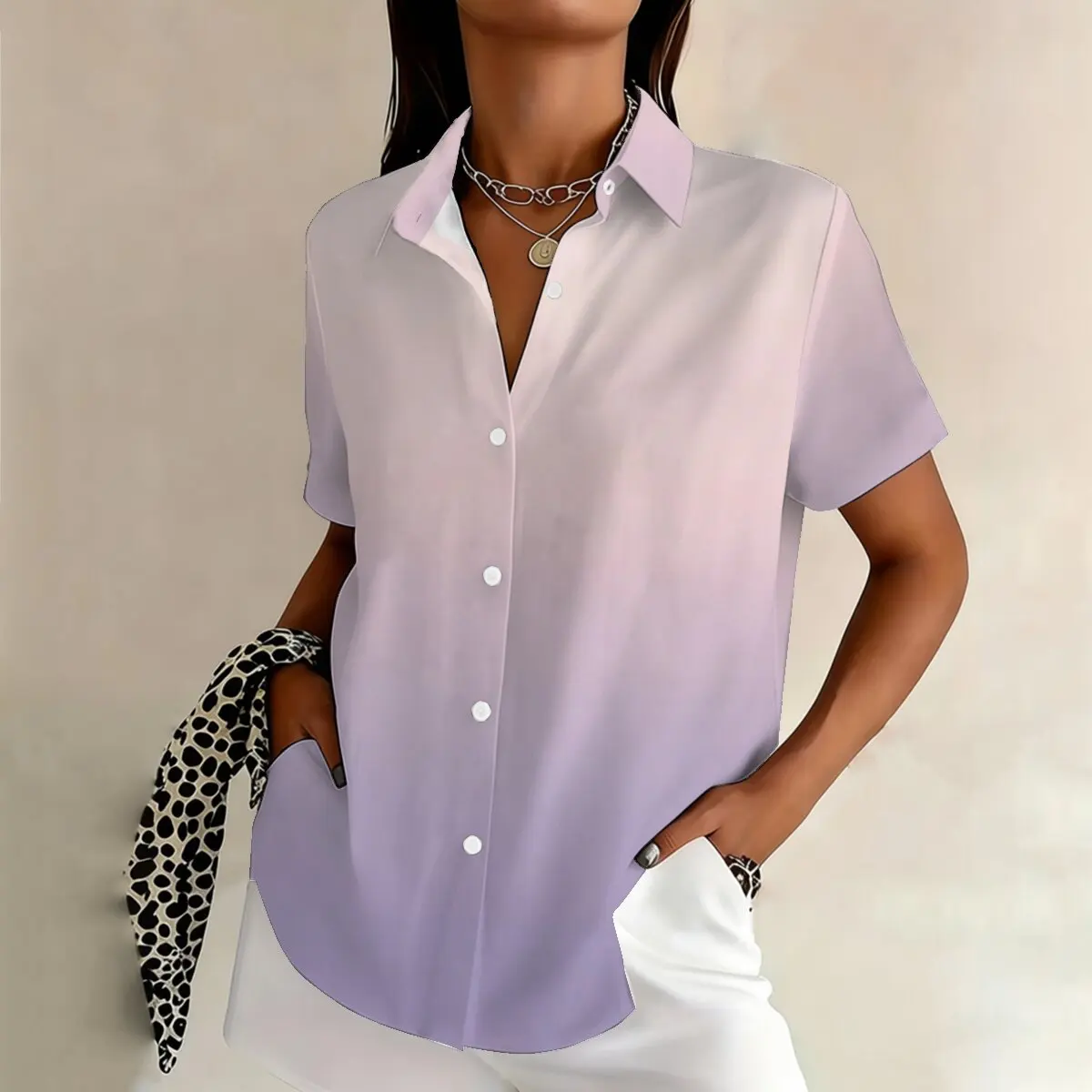 

Простая и стильная женская летняя рубашка больших размеров с градиентной цветовой печатью, короткими рукавами и отложным воротником, модный универсальный топ.