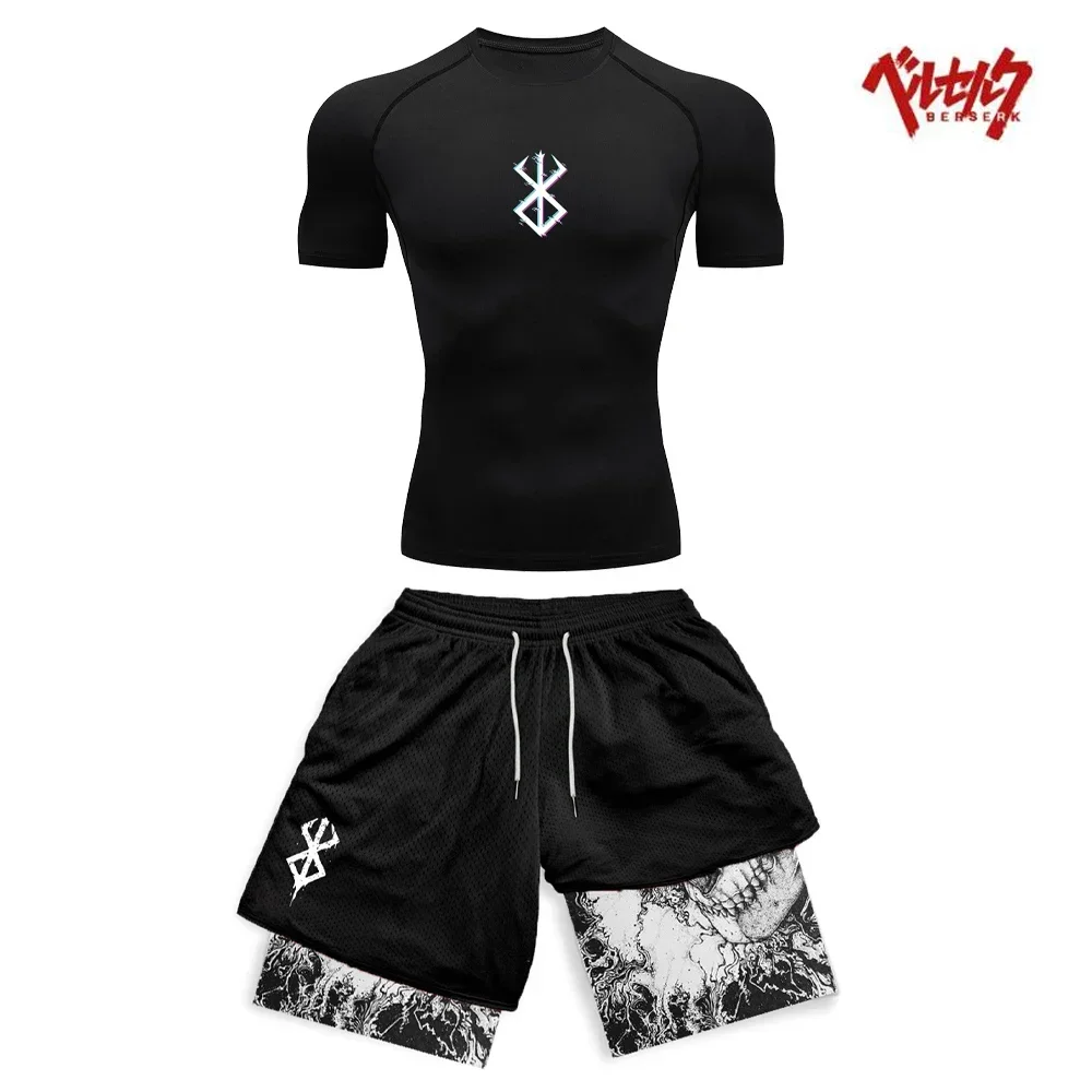 Berserk Anime Fitness Set pour homme, chemise de compression trempée, séchage rapide, short de gym, course à pied, entraînement, été, sport