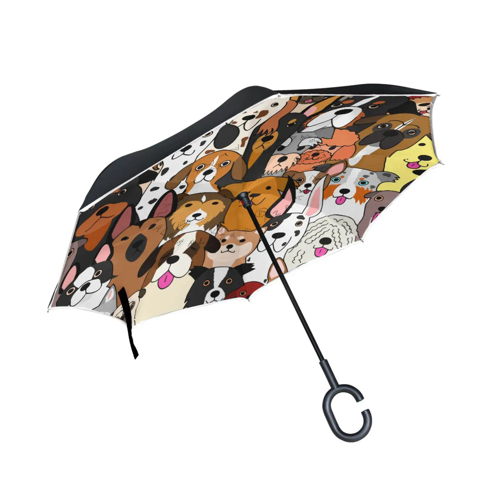 Cute Doodle Dogs Print Windproof Car Reverse Umbrella Rain Women Double Layer Long Handle C-Shaped Inverted Umbrella Parapluie