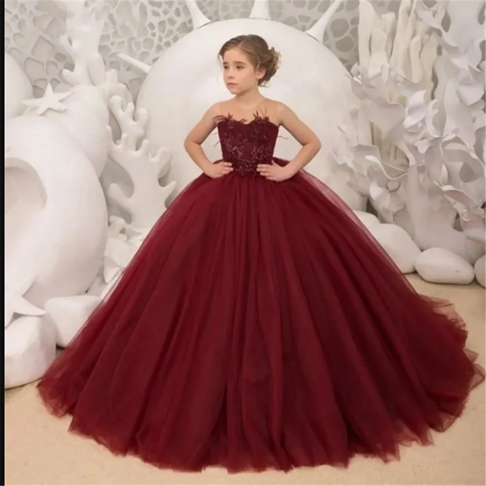 

Burgundy Trail Round Neck Applique Flower Girl Dress First Wedding Elegant Flower Child Party Dinner Communion Dress