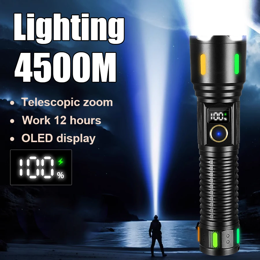 Strong Light LED Flashlight Type-C Rechargeable Torch Power Display Tactical Lantern Zoomable For Outdoor Camping Fishing