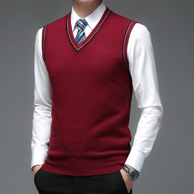 

Pure Woolen Warm V-neck Vest /Brand New Mens Autumn Winter Solid Color Slimming Business Leisure Splicing Knitting Sweater Vest
