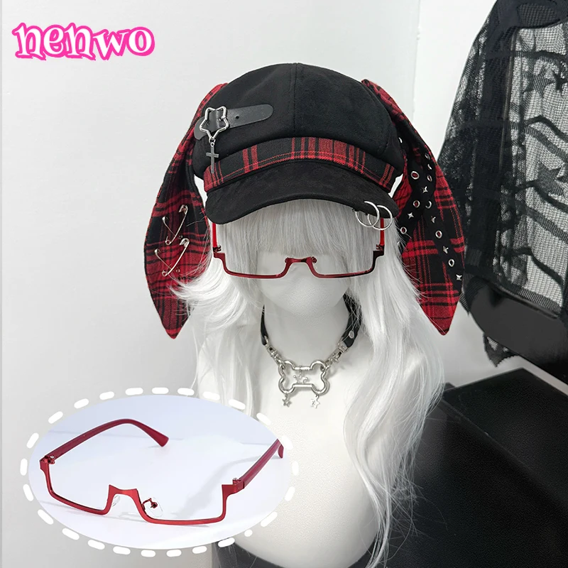 

Оригинальный комплект очков Y2K Subculture в стиле панк в клетку с кроличьими ушками, женский комплект с булавкой-цепочкой, милый острый универсальный уличный аксессуар