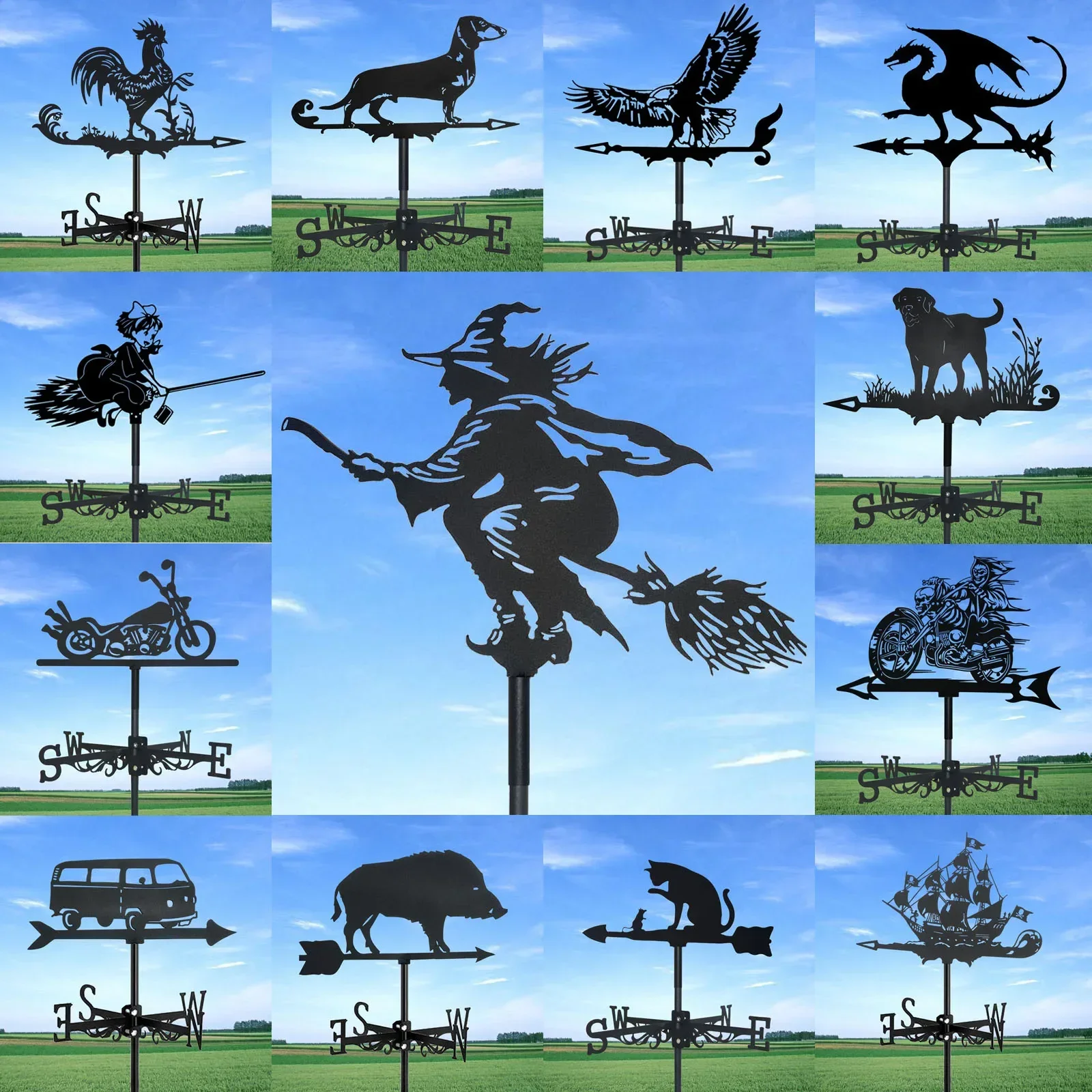 Weathervane, Metal Outdoor Garden Ironwork, Roof Courtyard Garden Decoration, Creative Furniture Chicken, Witch, Housewares New