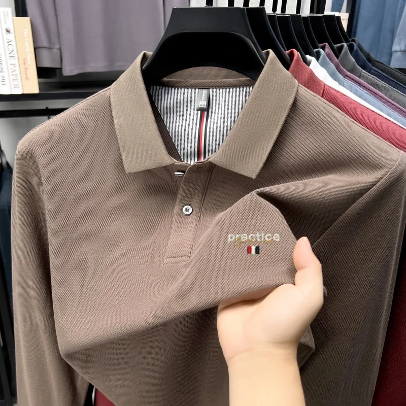 

100% cotton trendy brand long sleeve polo shirt luxury letter embroidered T-shirt comfort texture casual solid color men's wear