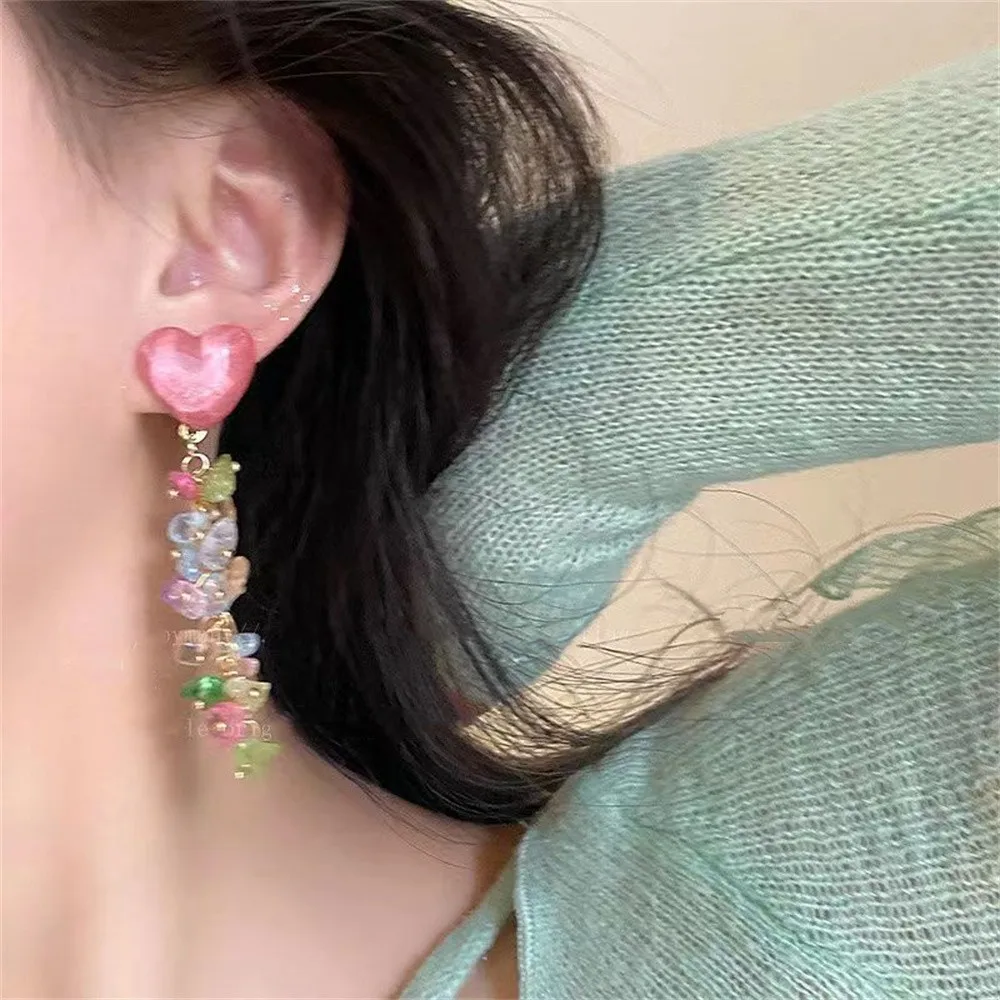 Vintage Pink Peach Heart Tassel Earrings for Women Full Crystal Heart Shape Sparkling Drop Earrings Girl Temperament Jewelry