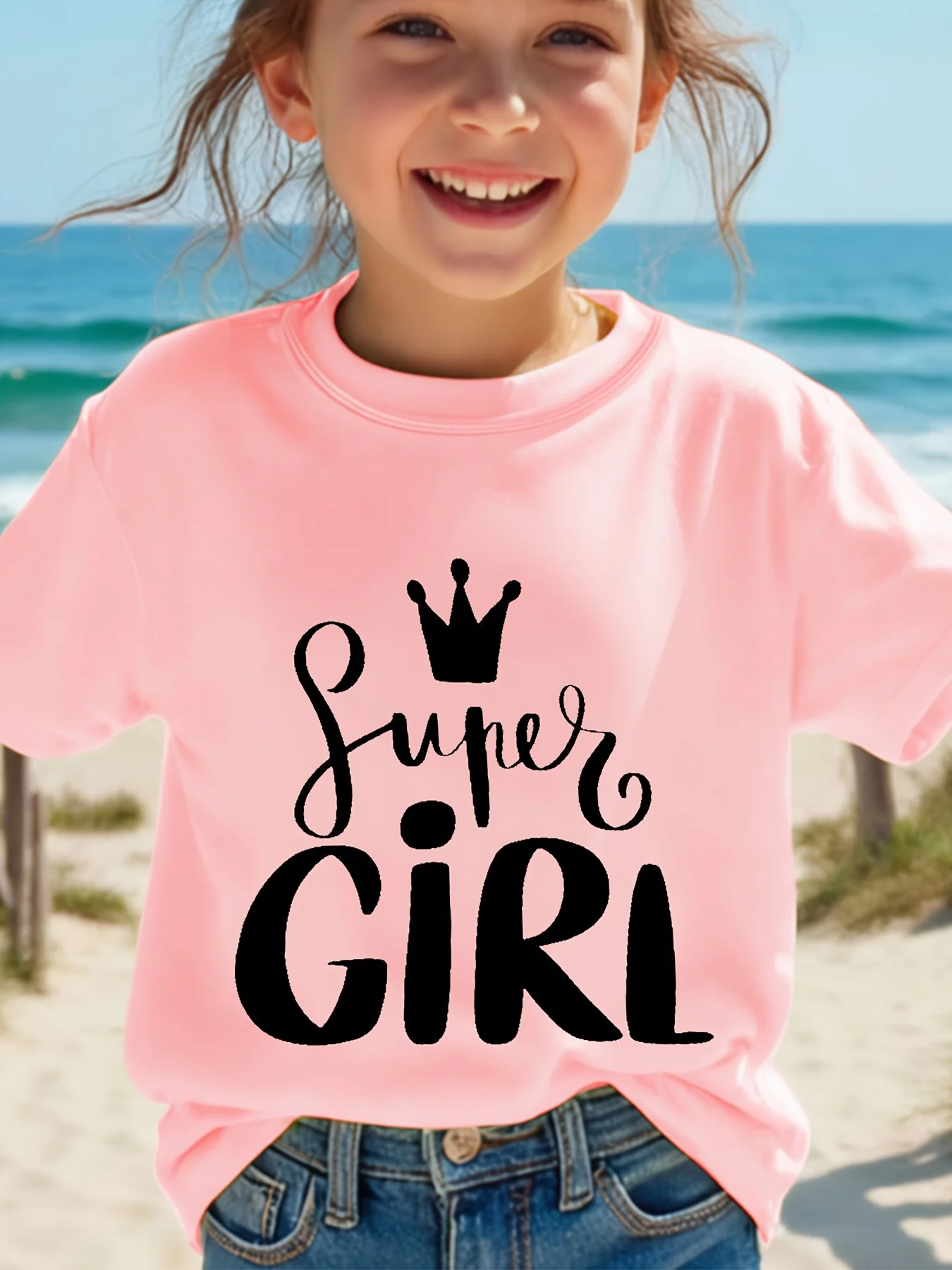 Super Girl Crown Letter Print Boys Girls Family Matching Soft Kids Parent Child Short Sleeve Daily Comfort Basic Casual T Shirt