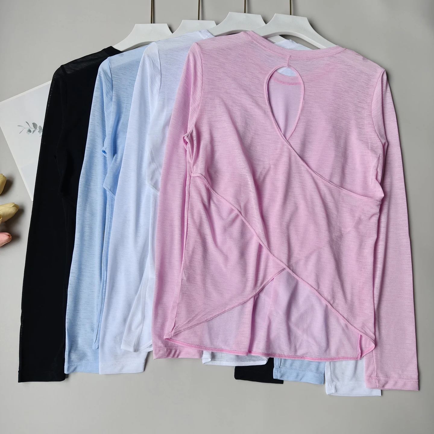Women Backless Loose Yoga T-shirts Summer Round Collar Long Sleeve Fitness Breathable Sporty Yoga Tshirt Tops Female Sportswear image 2