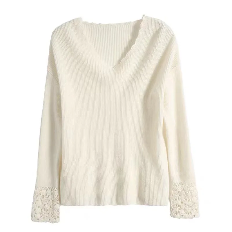 

Elegant Lace V-neck Long-sleeved Knitted Sweater Autumn and Winter Loose Temperament Women's Top