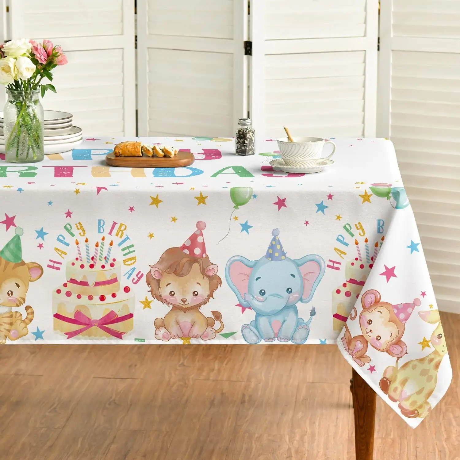 Colorful animal birthday cake tablecloth, washable polyester rectangular cover.PMJ