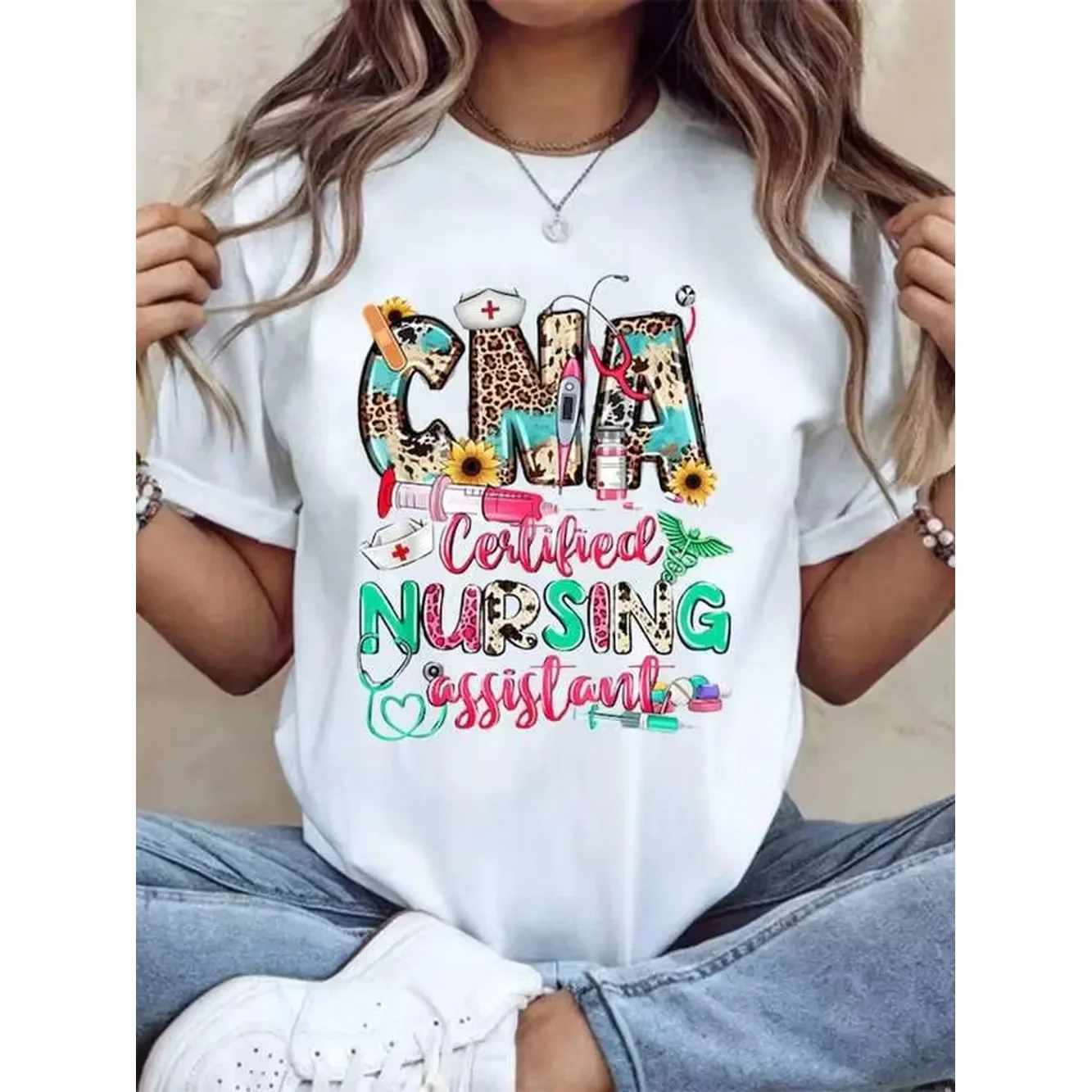 Certified Nursing Assistant Cna Leopard Print Medical Theme T Shirt For Nurses And Healthcare Workers With Stethoscope Syringe