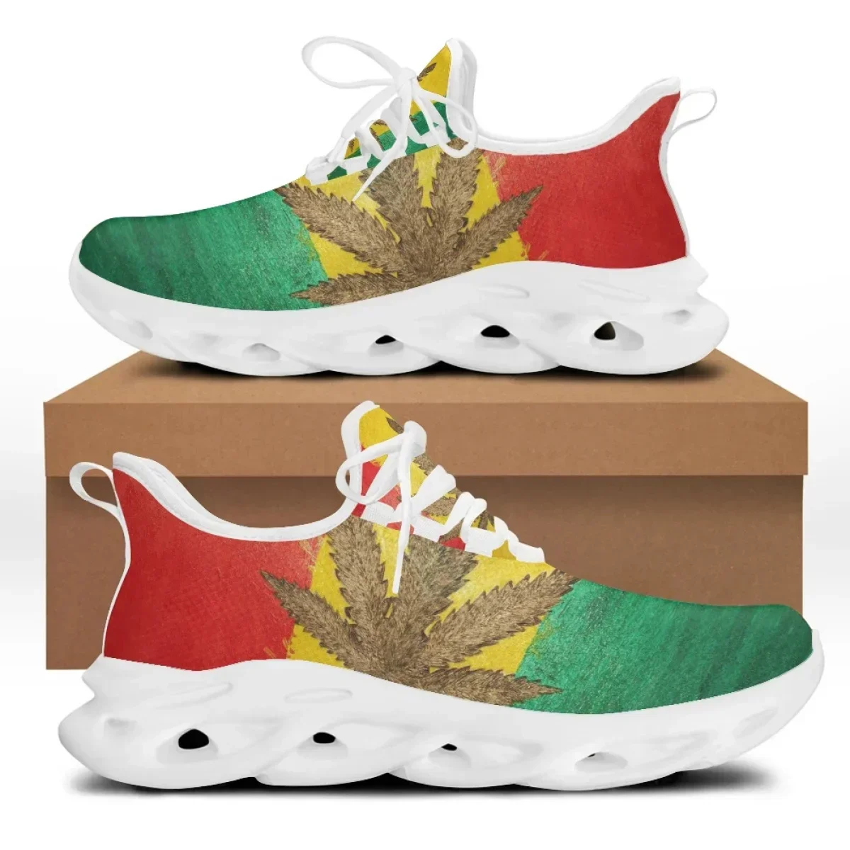 Custom 3D Green Weed Leaves Printing Platform Sneakers for Women Breathable Lace up Flat Shoes Comfort Mesh Femme Footwear view 2