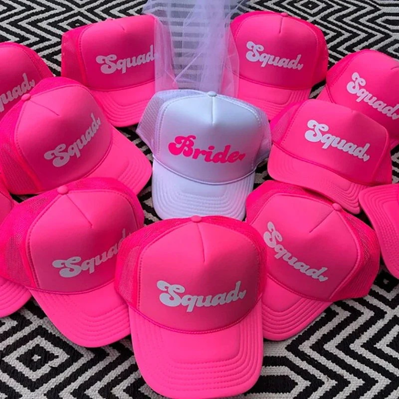 Hot pink Bride babe squad Trucker Hat summer Pool Beach Bach weekend girls trip bachelorette party Bridal Shower Bridesmaid Gift