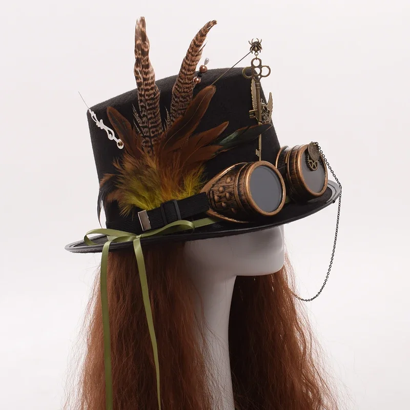 Steampunk Hat Men Women Goggles Feather Gears Head Wear Goth Lolita Black Fedoras Top Hats