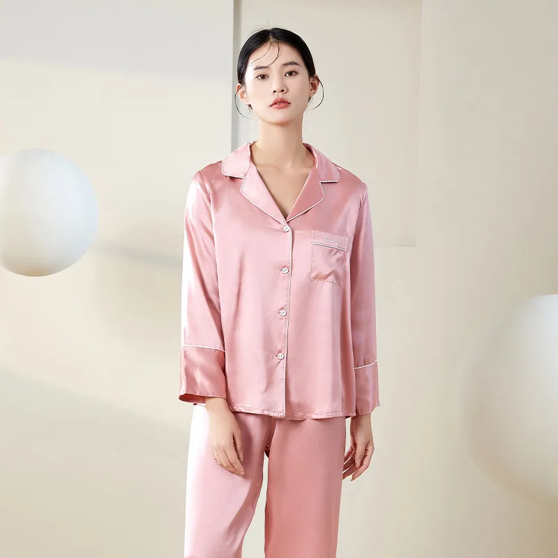 BirdTree, 100%Real Silk Solid Pajamas Set, Women Long Sleeve Pants, Simplicity Comfortable Homewear, 2024 Summer New S441111QC