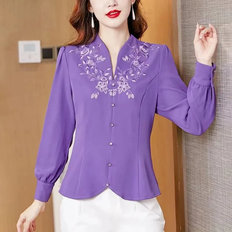 2023 New Design Sense Spring And Summer Purple Shirt Female Long Sleeve Noble Fashionable Middle-Aged Lady Embroidered Blouse