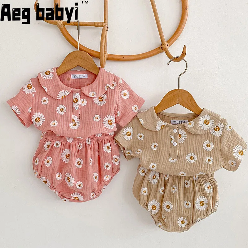 2pcs Newborn Baby Girls Clothes Set Cotton Flower Print Lapel Short Sleeve Shirt Top +Bread Pants Korean Casual Clothing Outfits