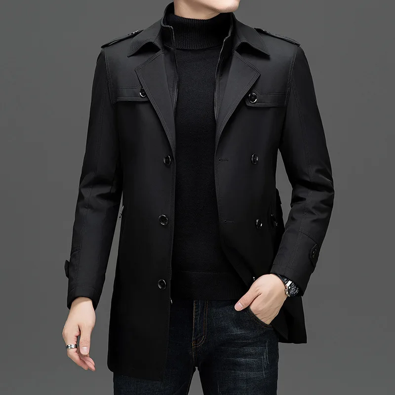 Men's Black Mid-Length Business Trench Coat Formal Casual Windproof Outerwear 2026
