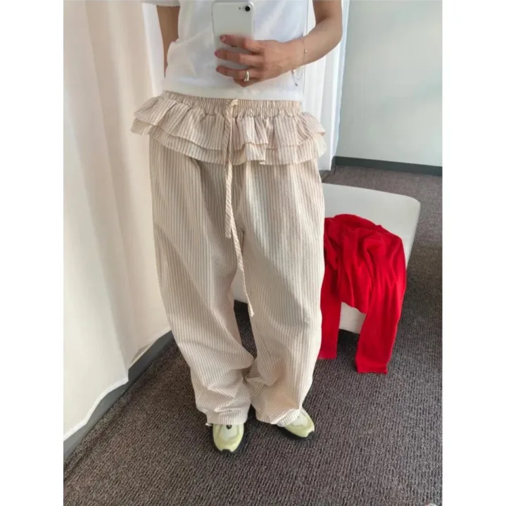Casual Long Pants Bubble Pleated Stripe Pattern Elastic Waist Skirt Hem Fake Two-Piece Ladies' Casual Wear Thin Material