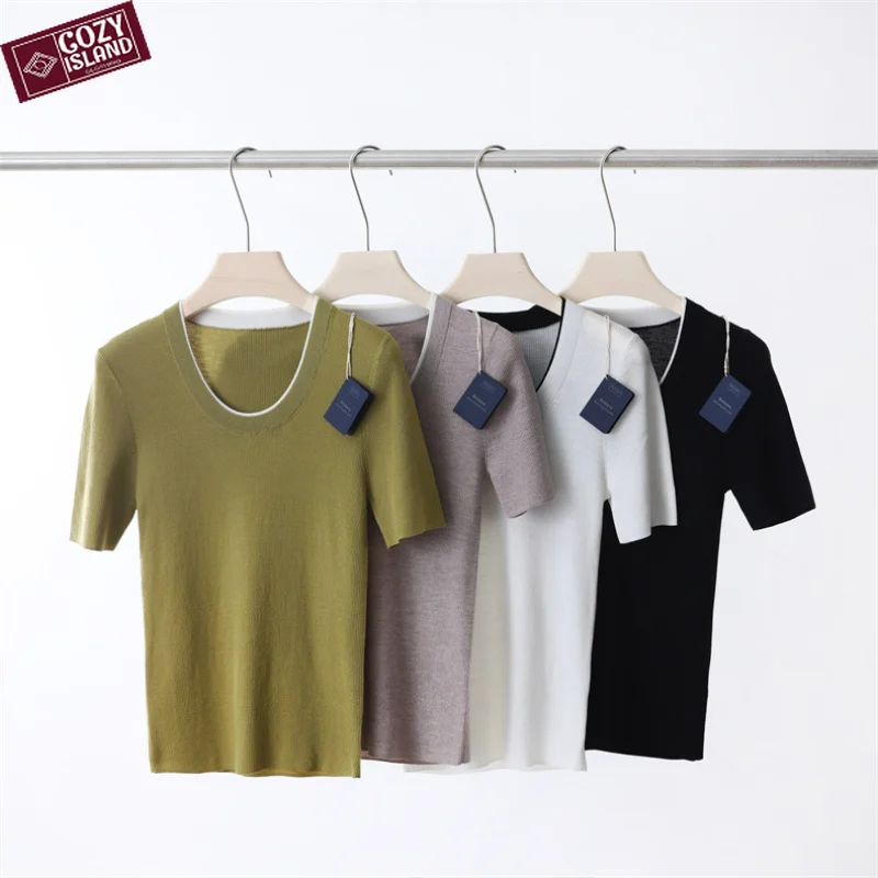 

Women U-neck Superfine Wool Shirts Summer Knitwear Short Sleeves Tops Yarn Jumpers Contrast Color Sweater Spring Clothes Tshirts