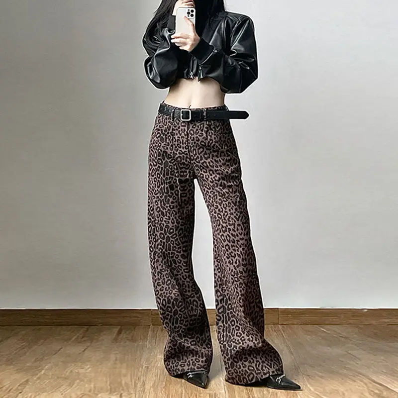 TrousersLeopard Print High Waist American Retro High Street Casual Loose Wide Leg Pants Women Y2k Hip-Hop Cargo Baggy Trousers