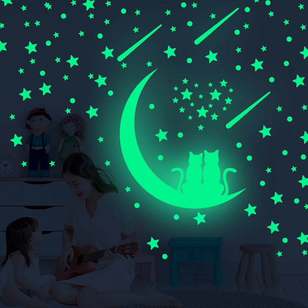 

140pcs Glow In The Dark Stickers Luminous Wall Sticker Waterproof Fluorescent Star Moon Meteor Pattern Green Room Decoration For