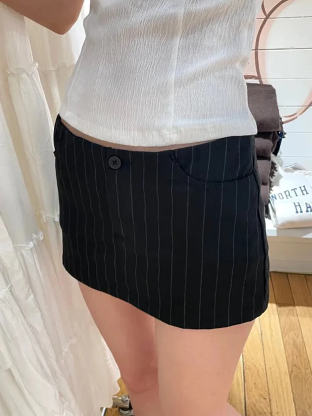 Stripes Straight Mini Skirt Shorts Woman Autumn High Waist Pockets Short Falda Casual Streetwear Preppy Style Skirts