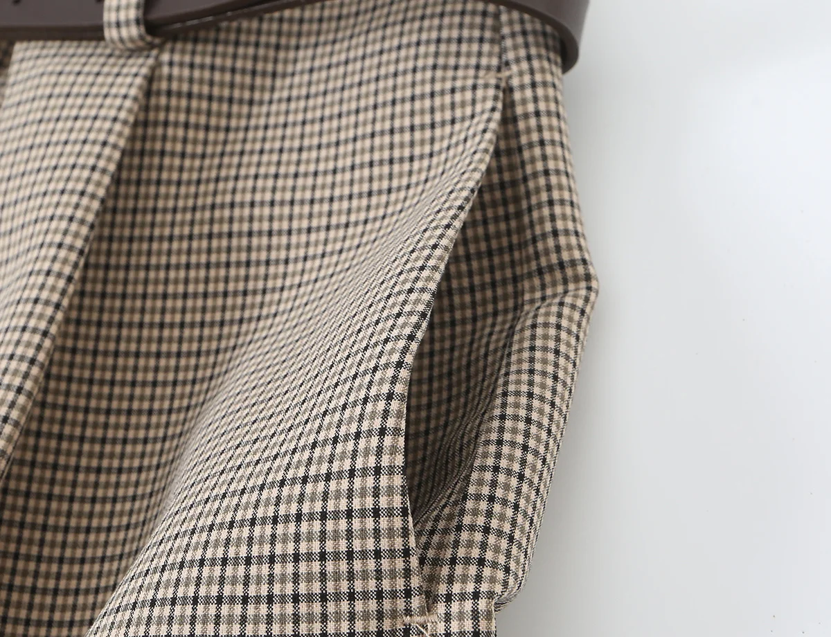 KONDALA Mode 2026 Damen Karierter Khaki-Herbstanzug O-Ausschnitt Zweireihige Weste + Gürtel Lange Hose Vintage Büro-Dame Schicke Sets – Detail 18