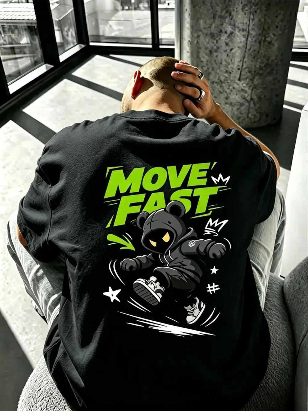 New American men's summer personalized teddy bear letter print micro elastic breathable round neck T-shirt outdoor street top