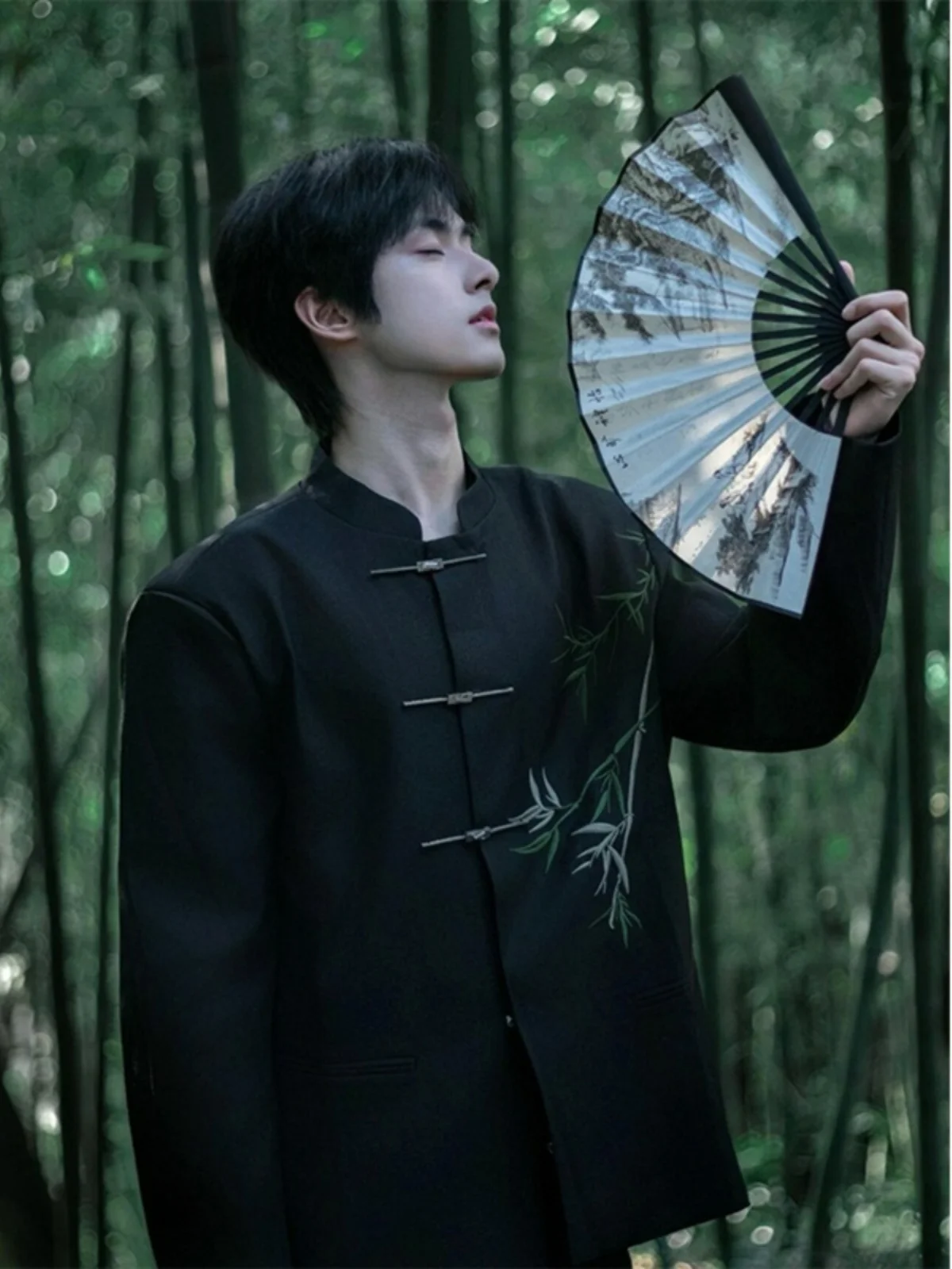 

New Chinese Sle Men's Stand Collar Jaet Spring Autumn Embroidered Bamboo Buttons Hanfu Zhongan Tang Suit Long Sve