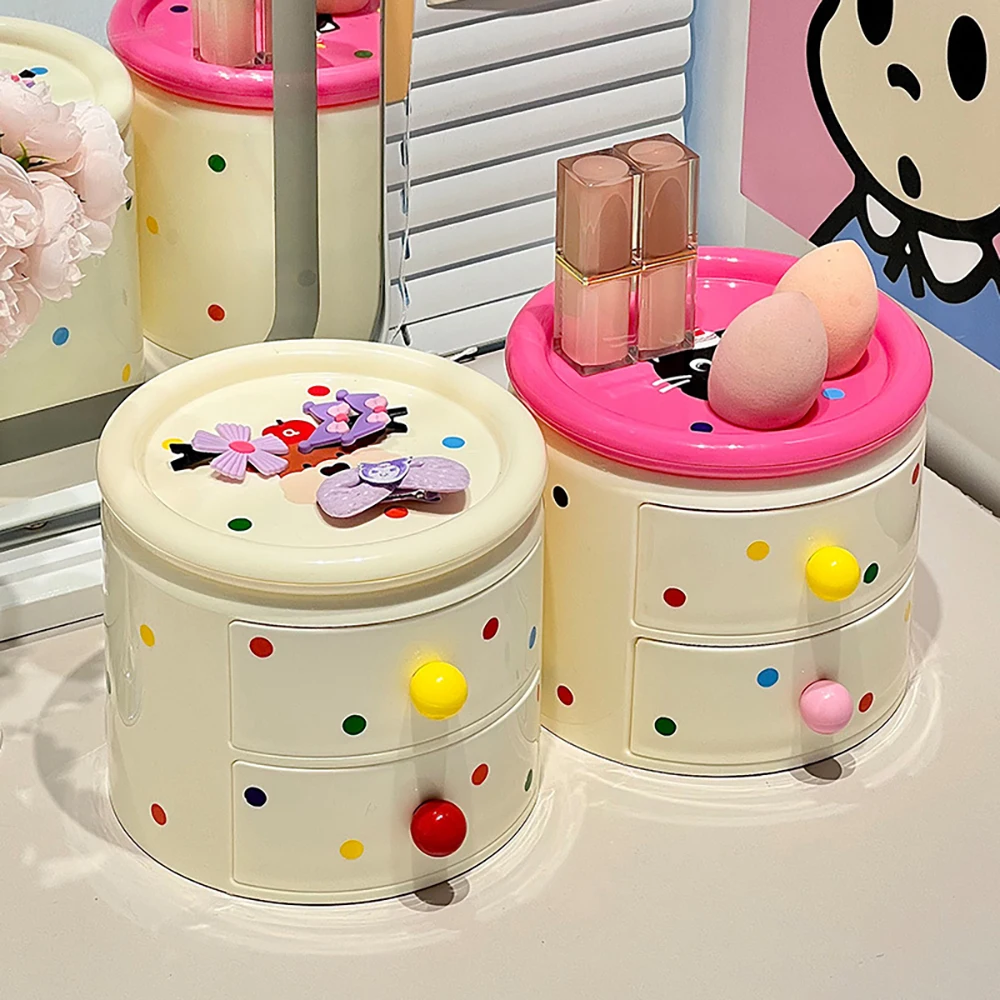 Cute Polka Dot Round Storage Organizer Multi-Layer Drawer Desktop Box for Makeup Jewelry Stationery for Girls Bedroom Desk