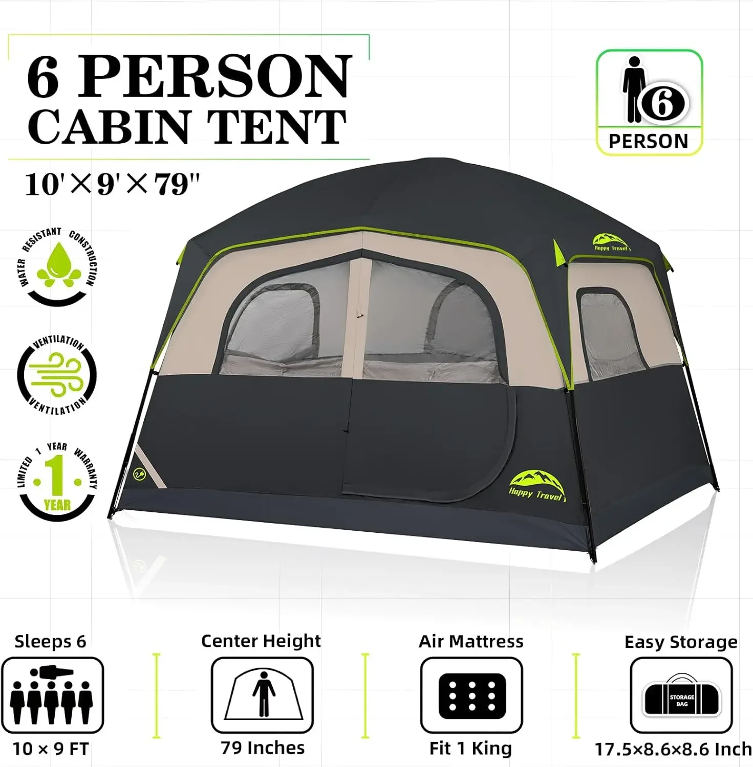 Tent 6 Person Tents for Camping, Waterproof Easy Setup Camping Tent with Rainfly, Portable Large