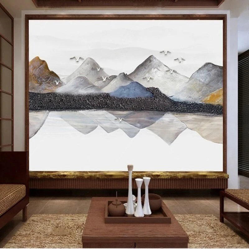 New Chinese-Style Abstract Hand-Drawn Artistic Landscape Mountain Silhouette Painting With Clear Colors TV Set In The Living Roo