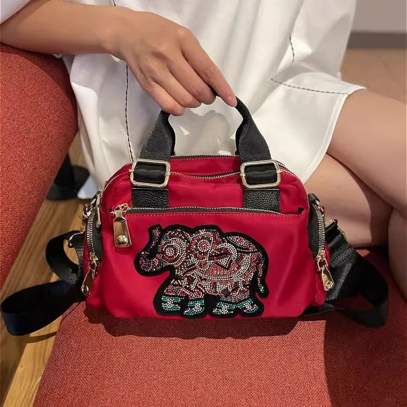 Cute Rhinestone Bear Bag Women's 2025 New Fashion Oxford Hand Bag Casual Ladies Crossbody Bolso Mujer Waterproof Sac
