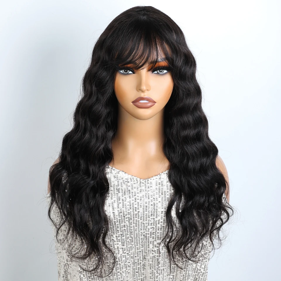 Sleek 22 Inch Human Hair Wigs For Women Body Wave Wigs With Bangs 100% Real Remy Brazilian Hair Wigs Ready To Wear Wigs