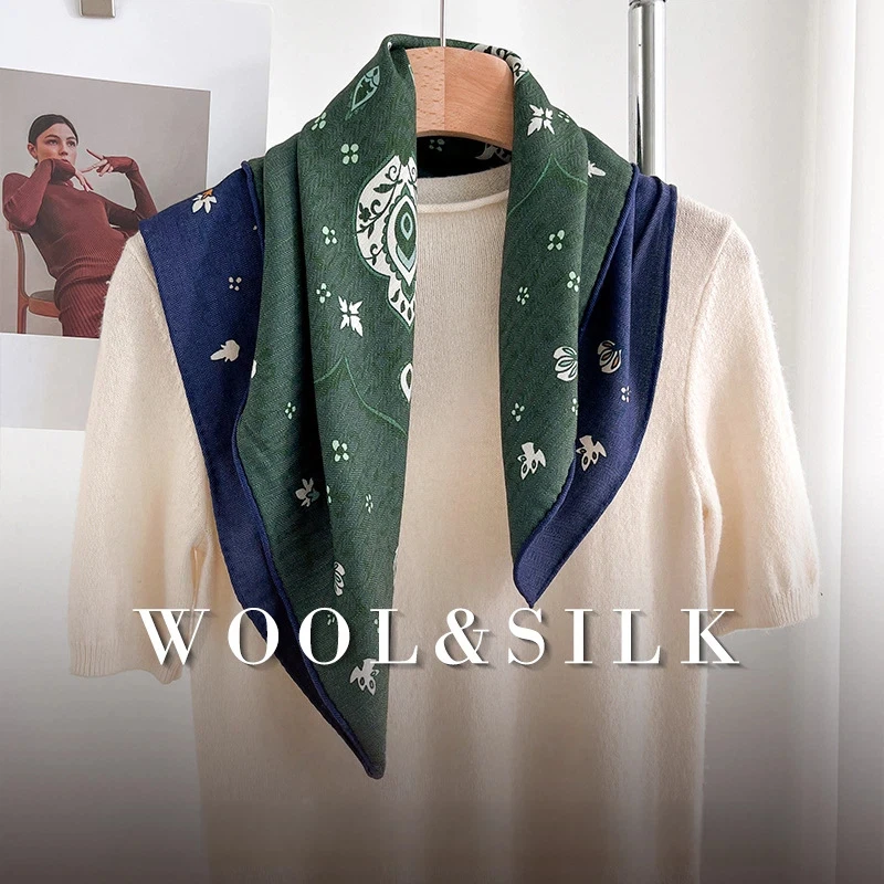 2027 Wool Silk Women's Headscarf Dark Green Hijabs for Woman Winter Vintage Square Scarf Silk Wool Autumn Women's Scarf