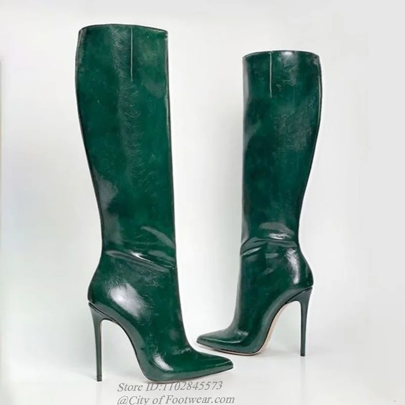 Pointed Toe Leather Green Knee High Boots Metallic High Heels Pull on Women's Sexy Colorful Boot Luxury Designer Big Size Shoes