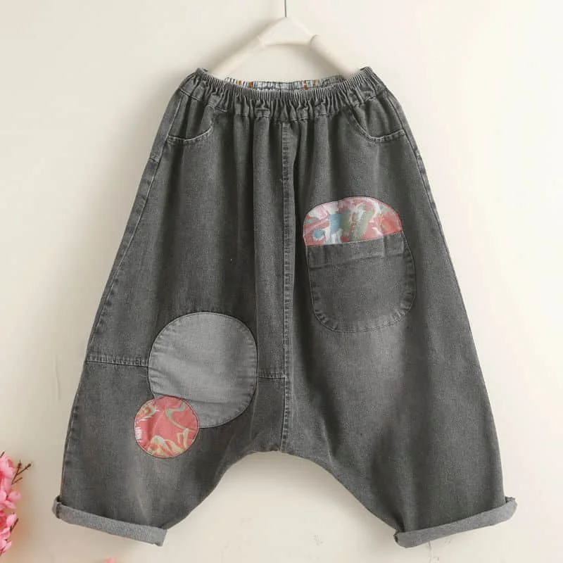 Baggy Jeans for Women Patchwork Casual 2026 Summer Loose Calf Length Denim Harem Pants Elastic Waist Streetwear Women Clothing