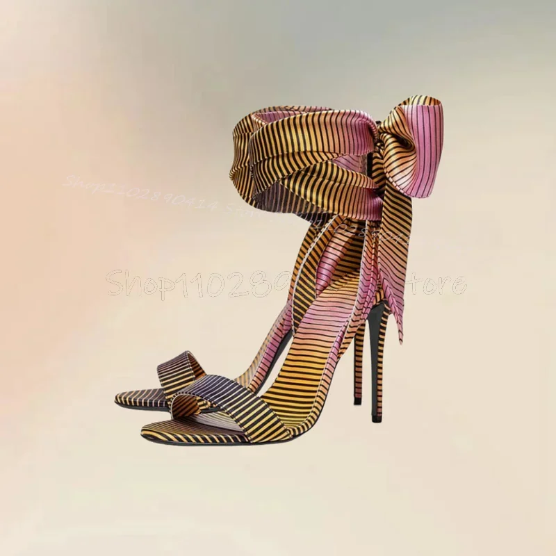 

Mixed Color Stripe Design Bow Knot Open Toe Sandals Lace Up Women Shoes Thin High Heels Party Banquet 2024 Zapatos Para Mujere