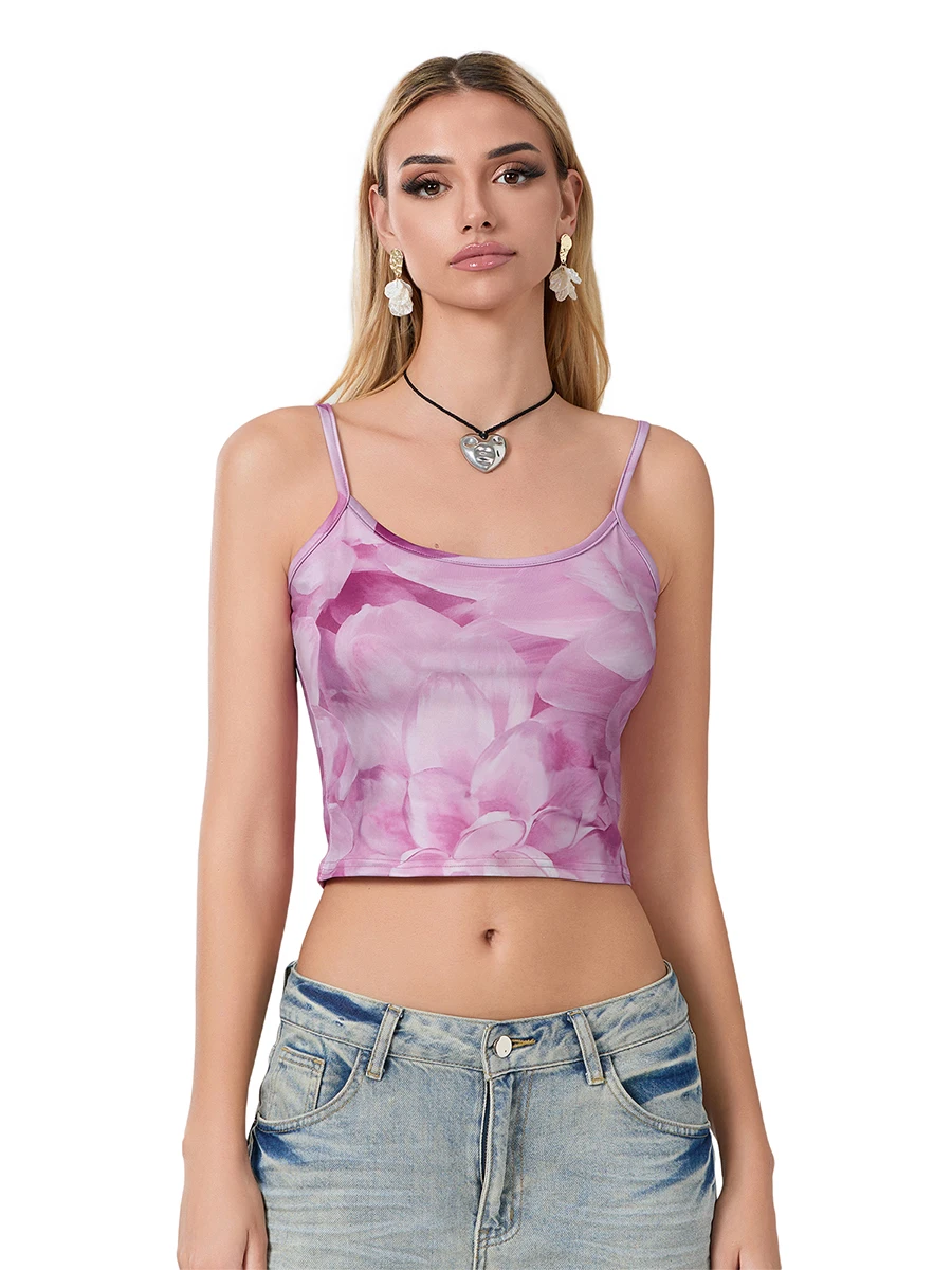 Women s Flower Print Cami Tops Pink Sleeveless Open Back Low Cut Fitted Tank Tops