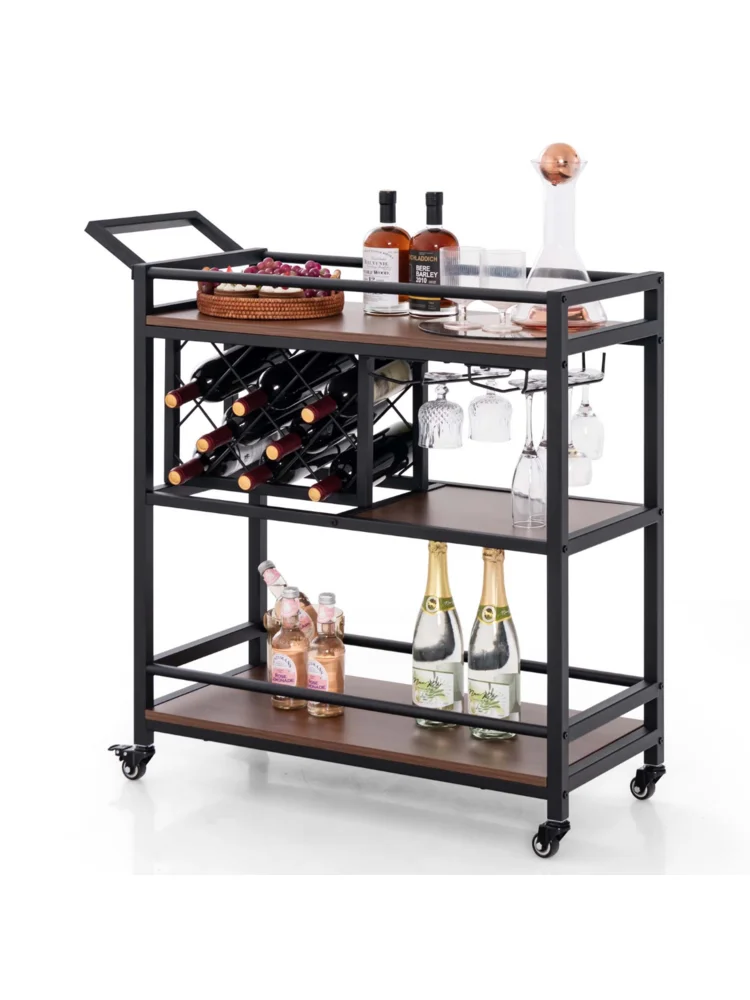

3-tier Bar Cart on Wheels Home Kitchen Serving Cart with Wine Rack and Glasses Holder-Brown