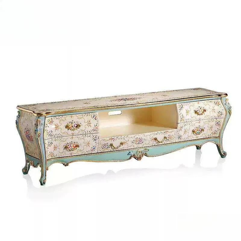 Palace style wood carving flower painted flower sticker gold leaf, villa living room TV cabinet